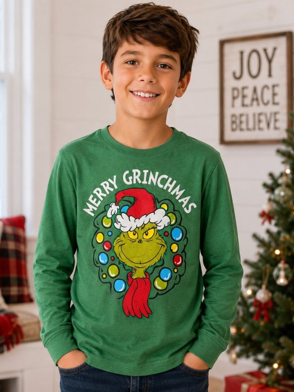Old Navy Merry Grinchmas Long Sleeve Graphic Tee Boys Size L (10-12) Christmas